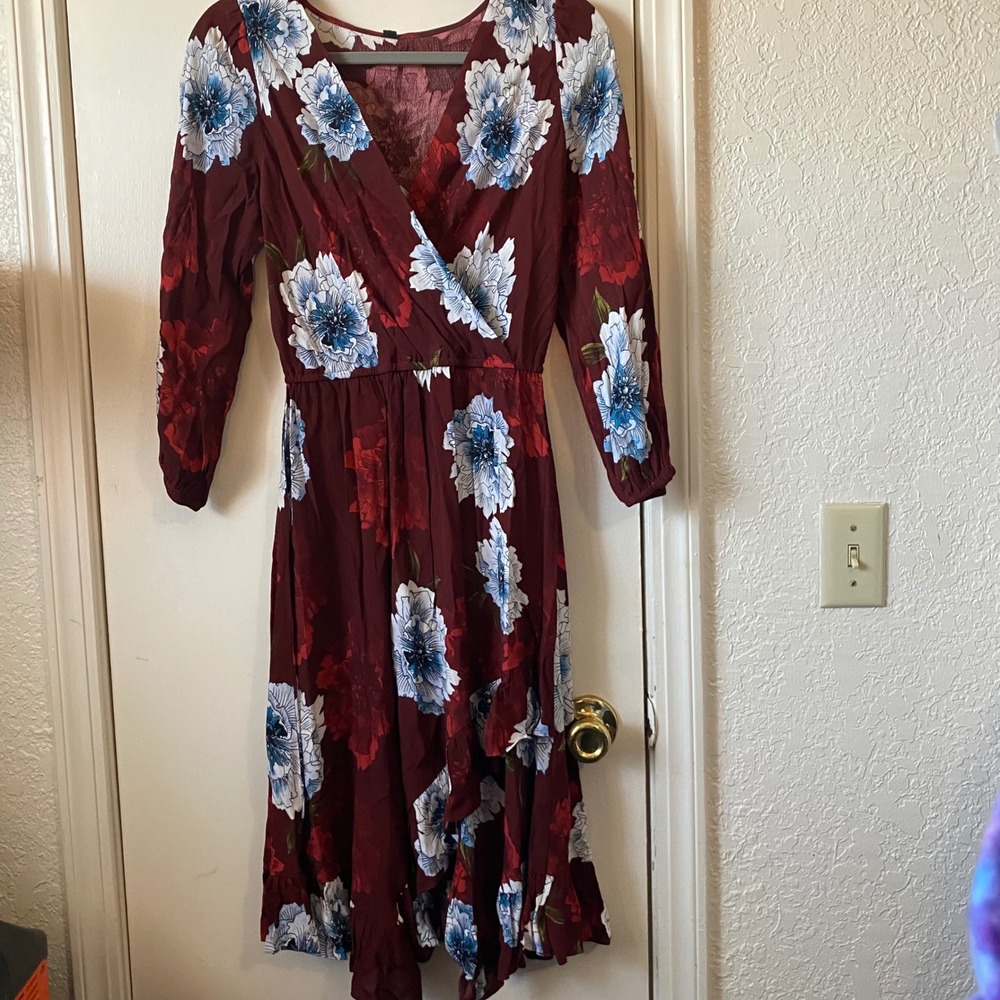 Plenty by Tracy Reese Floral Dress Burgundy Blue Flowy Long Sleeve XS
